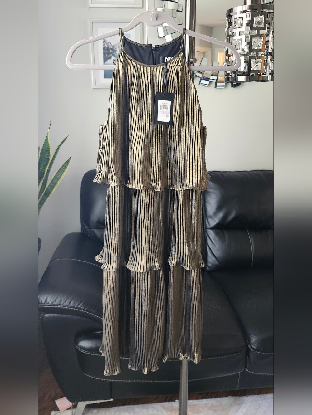 DKNY Metallic Gold Tiered Pleated Mini Dress NWT